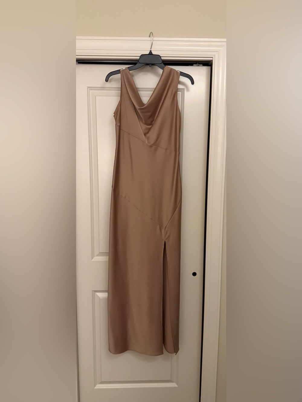 Wayf Taupe Satin Maxi Dress with Cowl Neck